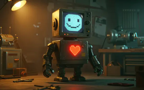 A whimsical robot with a vintage TV head displaying a smiley face and a glowing heart stands in a dimly lit workshop, showcasing a blend of sci-fi charm in 4K Ultra HD quality.