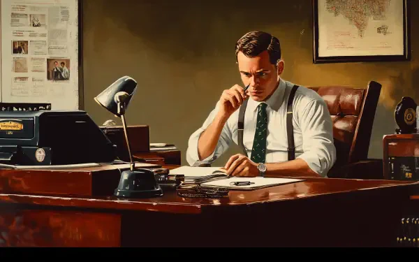 A man in a formal outfit works diligently at a classic wooden desk in an office setting, encapsulating the essence of a 9 to 5 job. 4K Ultra HD PC Desktop Wallpaper and Background.