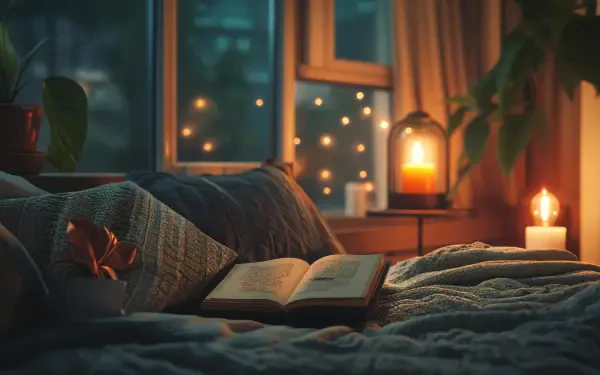 A cozy aesthetic scene featuring a well-lit room with soft textiles, an open book on a bed, and warm candlelight creating a tranquil atmosphere, perfect for a 4K Ultra HD desktop wallpaper.