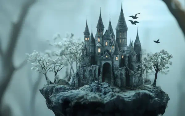 An enchanting castle rises above misty terrain, adorned with tall spires and glowing windows, set against a backdrop of snowy trees and flying birds. A stunning 4K Ultra HD fantasy wallpaper.