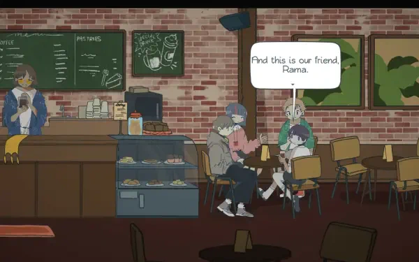 A cozy café scene from the video game Afterlove EP, featuring characters in conversation at a table, with a warm atmosphere and a backdrop of brick walls and green artwork.