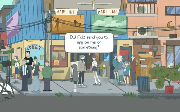 A vibrant HD wallpaper from the video game Afterlove EP, featuring a bustling street scene with characters engaged in conversation and colorful shopfronts.