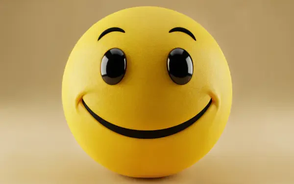 A vibrant yellow smiley face with large, shiny eyes and a wide grin, set against a soft, neutral background. This 4K Ultra HD wallpaper brings a cheerful touch to any desktop.