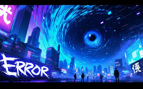 A vibrant digital glitch scene features silhouettes against a swirling vortex in a futuristic cityscape, emphasizing a striking contrast of colors in this 4K Ultra HD wallpaper.
