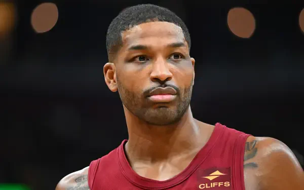 Tristan Thompson, former player for the Cleveland Cavaliers, appears in an intense moment on the court, making for an engaging NBA-themed HD desktop wallpaper.
