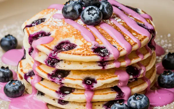 A stack of blueberry pancakes drizzled with pink sauce and topped with fresh blueberries, captured in vibrant detail for a 4K Ultra HD PC desktop wallpaper.