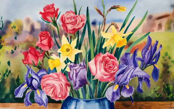 A vibrant bouquet of spring flowers, featuring pink roses, daffodils, and irises, set against a soft, blurred background. A stunning 4K Ultra HD desktop wallpaper.