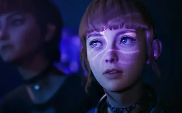 A HD wallpaper from the video game Lost Records: Bloom & Rage, featuring a close-up of a girl with striking visuals projected on her face, set against a moody backdrop.