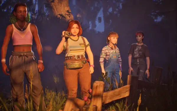 A vibrant HD wallpaper from the video game Lost Records: Bloom & Rage, featuring four characters standing in a lush, mysterious environment, evoking adventure and exploration.