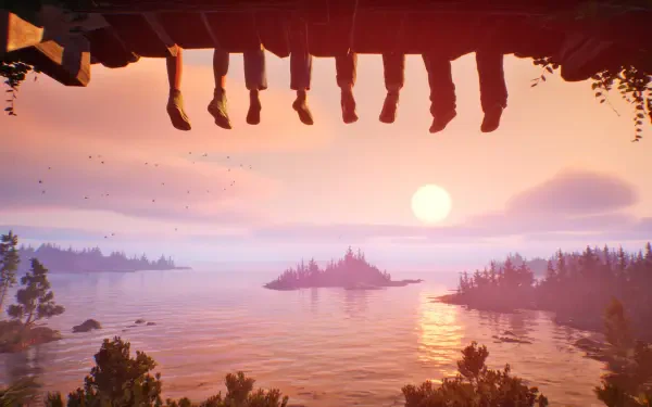 A serene sunset over a tranquil lake, framed by silhouetted figures hanging above, captures the enchanting scenery of the video game Lost Records: Bloom & Rage. HD wallpaper.