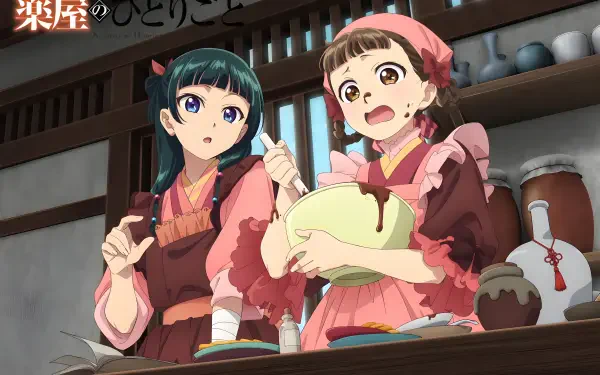 Anime — The Apothecary Diaries: Maomao and Xiaolan in a 4K Ultra HD PC desktop wallpaper, mixing medicine in an apothecary with jars and tools on shelves behind them.