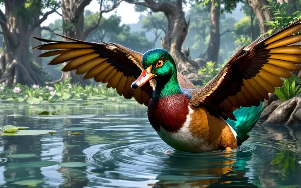 A vibrant wood duck spreads its wings while swimming in serene water, surrounded by lush greenery. This stunning 4K Ultra HD image makes a captivating desktop wallpaper.
