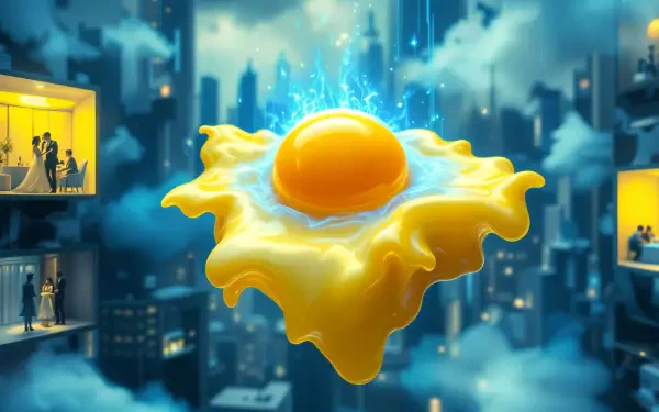 A vibrant, surreal digital artwork featuring a fried egg, set against a backdrop of a futuristic cityscape. This 4K Ultra HD image serves as a striking PC desktop wallpaper.