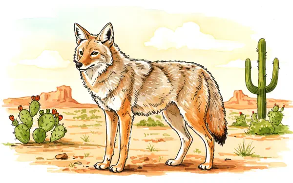 A coyote stands in a vibrant desert landscape, surrounded by cacti and distant mountains, captured in 4K Ultra HD, perfect as a desktop wallpaper and background.