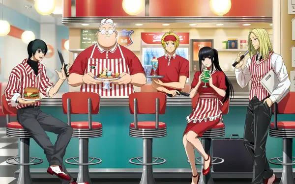 Sakamoto Days anime 2K Quad HD PC desktop wallpaper: main cast in red-striped diner uniforms seated at a retro counter with stools, neon lights and a soda fountain backdrop.