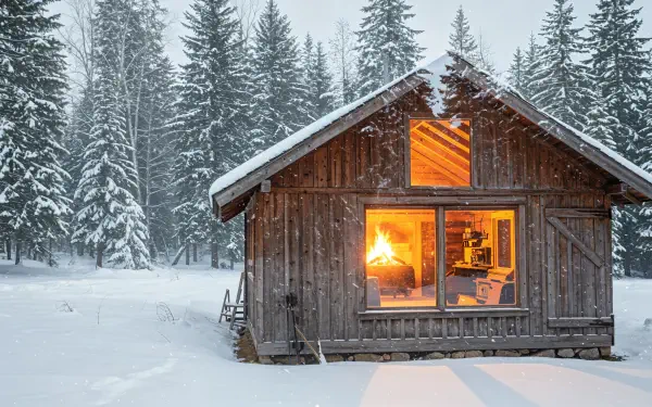 A cozy winter cabin glowing warmly inside, surrounded by snow-covered forest, captured in 4K Ultra HD for a PC desktop wallpaper and background.