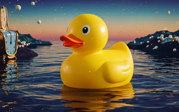 A vibrant yellow rubber duck floats serenely on water, surrounded by a colorful sunset and gentle waves, captured in stunning 4K Ultra HD quality for a captivating desktop wallpaper.