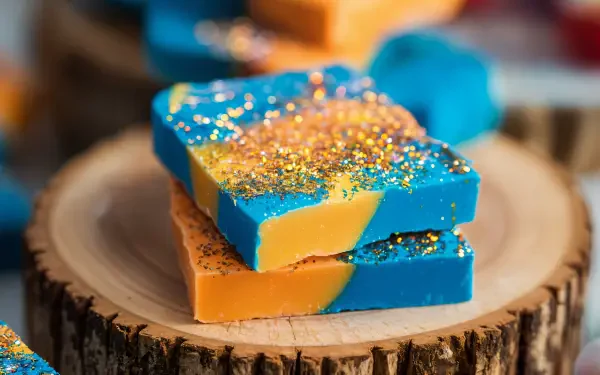 A vibrant image of colorful toffee stacked on a wooden slice, showcasing bright blue and orange layers with sparkling glitter, serves as a captivating 4K Ultra HD desktop wallpaper.