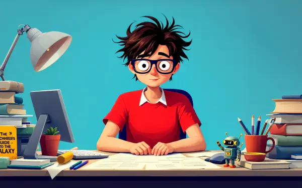 A colorful 4K Ultra HD PC desktop wallpaper featuring a nerdy character with messy hair and glasses sitting at a desk surrounded by books, gadgets, and a cheerful atmosphere.