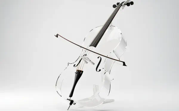 A sleek, transparent cello stands elegantly on a minimalist background, showcasing its intricate design, featuring a smooth surface and graceful curves, perfect for a 4K Ultra HD desktop wallpaper.