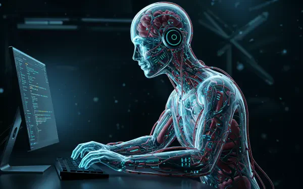A futuristic coder with a transparent, robotic body sits at a computer, typing. The scene features vibrant circuitry against a dark background, rendered in 4K Ultra HD.