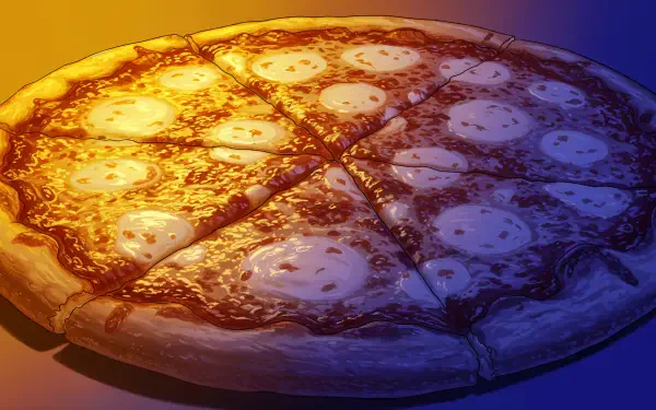 A delicious cheese pizza with a golden crust and melted cheese, depicted in vibrant colors, serves as an enticing 4K Ultra HD desktop wallpaper and background.