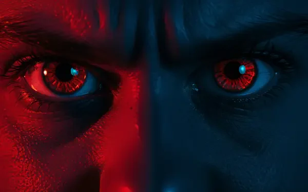 Close-up of intense, angry eyes against a dramatic blue and red backdrop, showcasing striking detail and emotion, designed as a 4K Ultra HD desktop wallpaper.