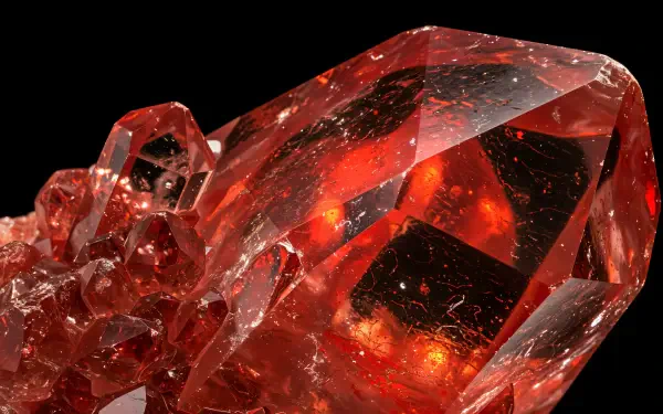 Close-up of a striking red quartz crystal, showcasing intricate facets and reflections, set against a black background. A stunning 4K Ultra HD desktop wallpaper.