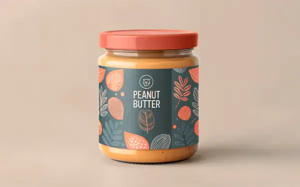 A stylish jar of peanut butter with a decorative label featuring colorful leaves and fruits, set against a soft, neutral background. 4K Ultra HD desktop wallpaper.
