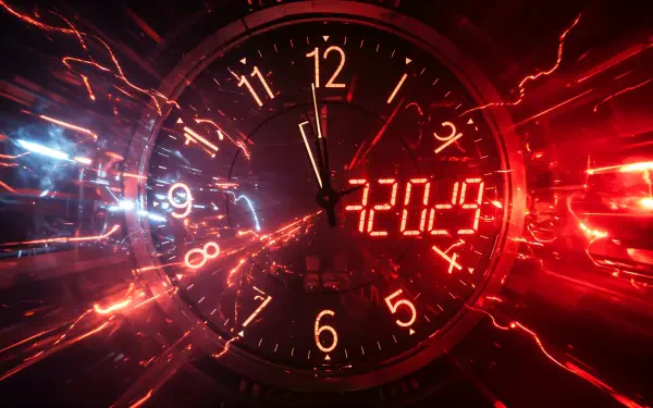A vibrant 4K Ultra HD wallpaper featuring a clock displaying a countdown, surrounded by dynamic red and blue light effects, perfect for celebrating the New Year.