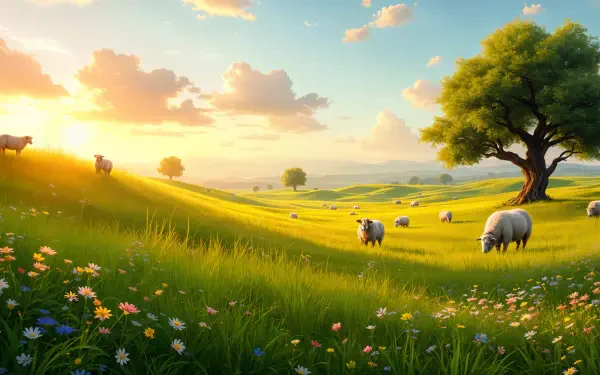 A serene pasture at sunset with lush green hills, grazing sheep, and vibrant wildflowers. This beautiful scene makes an enchanting 4K Ultra HD PC desktop wallpaper.