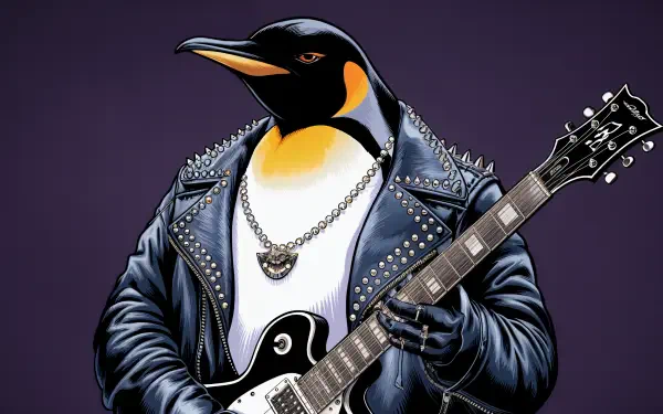 A vibrant 4K Ultra HD image of an emperor penguin dressed in a leather jacket, sporting a necklace, and playing an electric guitar against a bold purple background.