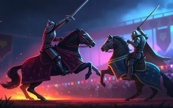 A dramatic jousting scene featuring knights on horseback, illuminated by vibrant lights, set against a lively backdrop. This 4K Ultra HD wallpaper showcases the excitement of medieval tournaments.