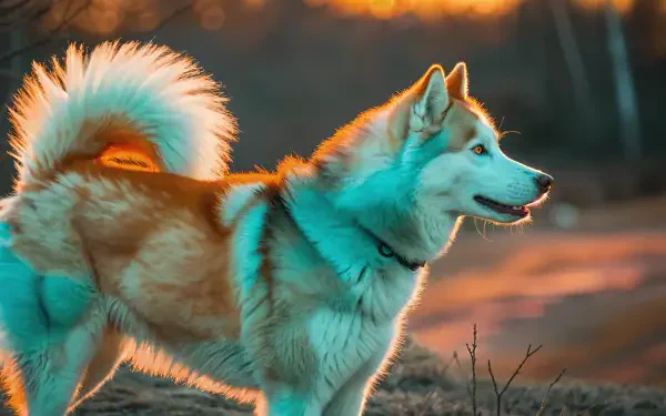 A majestic malamute stands against a vibrant sunset backdrop, showcasing its thick fur and expressive features in this stunning 4K Ultra HD desktop wallpaper.