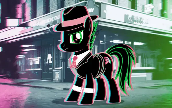 A stylish pony in a fedora and suit stands in a vibrant, urban setting, creating a striking 4K Ultra HD desktop wallpaper and background.