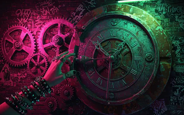 A colorful 4K Ultra HD wallpaper featuring a dramatic clockwork design, showcasing gears and a vintage clock, with a hand reaching for the mechanisms against a graffiti backdrop.