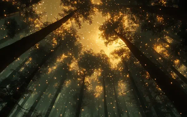 A serene view of sunlight filtering through tall trees, creating a warm glow amidst lush foliage. This HD wallpaper captures the beauty of nature in a tranquil forest setting.