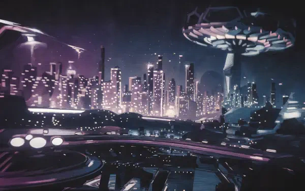 A vibrant duotone cityscape at night, featuring futuristic buildings and a hovering craft, set against a backdrop of glowing lights. An engaging 4K Ultra HD desktop wallpaper.
