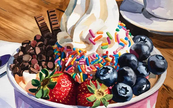 A vibrant bowl of frozen yogurt topped with colorful sprinkles, chocolate chips, strawberries, and blueberries, set against a natural wooden background. 4K Ultra HD desktop wallpaper.