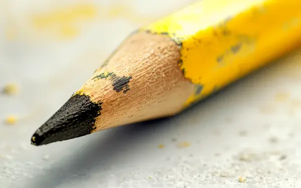 Close-up of a worn yellow pencil with a sharpened tip, on a textured surface, showcasing its details in a vibrant 4K Ultra HD wallpaper format.