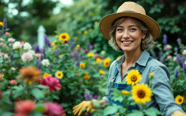 A smiling woman in a straw hat stands among vibrant flowers, showcasing her passion for gardening. This colorful scene serves as a stunning 4K Ultra HD desktop wallpaper.