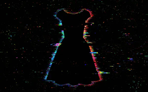 A stylish black dress silhouette against a vibrant, glitchy background, showcased in 4K Ultra HD, perfect for a striking desktop wallpaper.