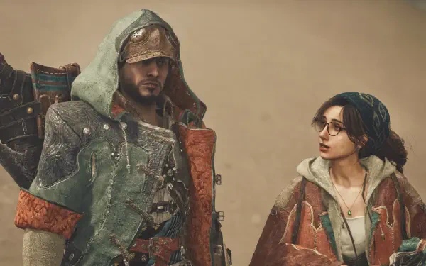 A captivating 4K Ultra HD wallpaper from the video game Monster Hunter Wilds, featuring two characters in detailed attire, set against a muted, sandy background.