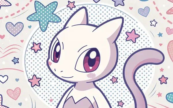 A vibrant 4K Ultra HD wallpaper featuring Mewtwo from Pokémon, surrounded by playful stars and hearts, showcasing a whimsical and colorful design.