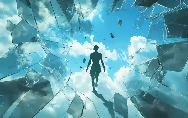 A figure walks through a shattered glass ceiling, illuminated by blue skies and clouds in this vibrant 4K Ultra HD desktop wallpaper, symbolizing breaking barriers and achieving freedom.