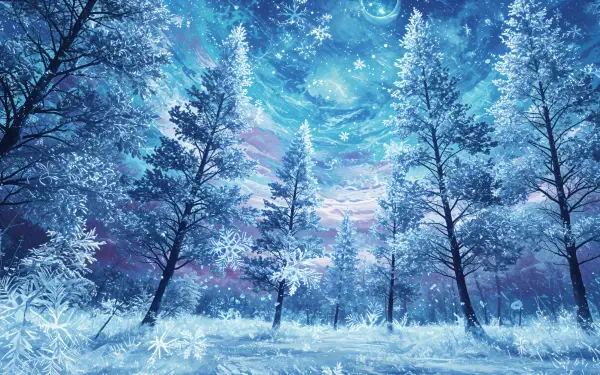 A serene winter scene featuring snow-covered trees under a vibrant, starry sky, designed as a 4K Ultra HD PC desktop wallpaper and background.