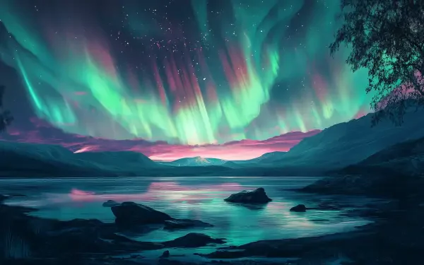 A vibrant landscape featuring the aurora borealis illuminating a mountain backdrop, creating a fantasy adventure atmosphere reflected in a serene lake. Suitable as an HD PC desktop wallpaper.