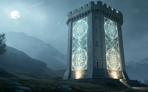 A majestic fortified tower illuminated by mystical patterns, surrounded by a serene landscape and a glowing moon, depicted in stunning 4K Ultra HD resolution for a captivating desktop wallpaper.