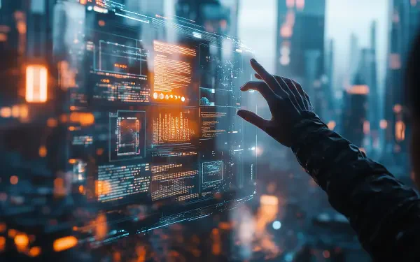 A hand interacts with a holographic interface in a vibrant cyberpunk cityscape, showcasing futuristic design elements in a high-definition desktop wallpaper.