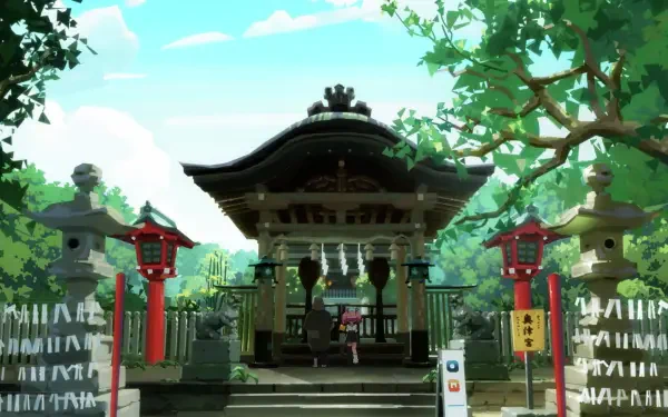 HD PC desktop wallpaper featuring a serene anime scene from Aquarion: Myth of Emotions, showcasing a traditional shrine surrounded by lush greenery under a bright sky.